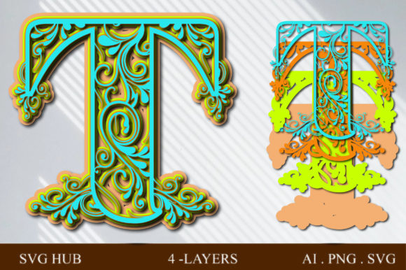 Layered Floral Letter T: 3D SVG Shapes for Branding